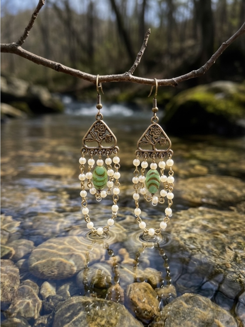 Bohemian Green Beaded Chandelier Earrings